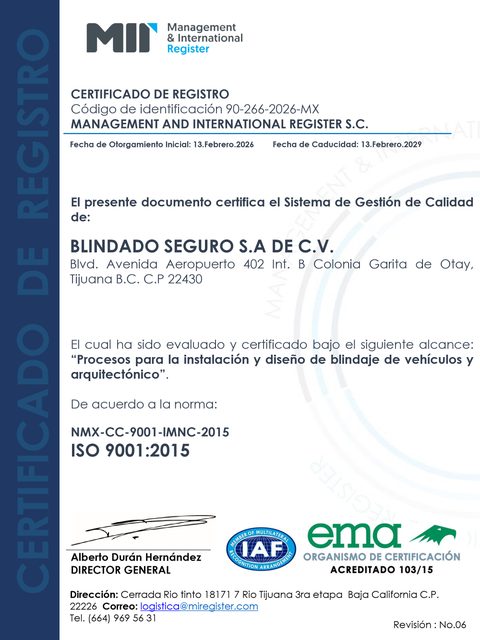 Certificado de registro ISO 9001:2015 de Blindado Seguro S.A. de C.V., emitido por Management and International Register