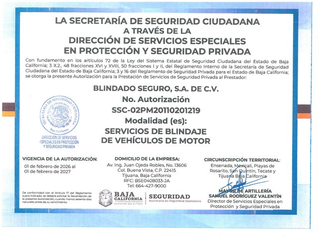 Autorización de la Secretaría de Seguridad Ciudadana de Baja California para servicios de blindaje de vehículos de motor